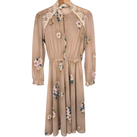 Vintage Dresses & Skirts - Vintage Union made floral lace neck long sleeve midi dress Size XS/S